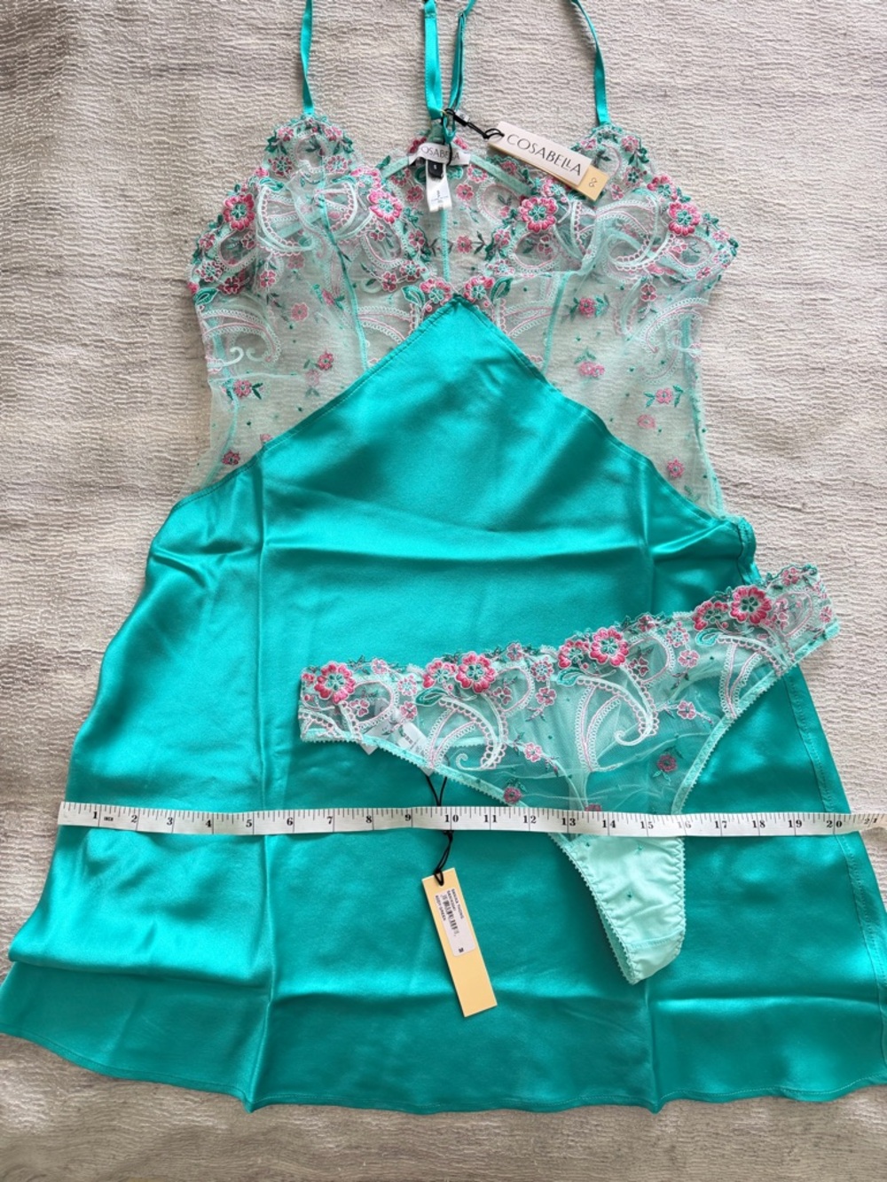 NWT! Cosabella Sanika Italian Turquoise Silk Chemise Size S with Panties Size M - Picture 8 of 16